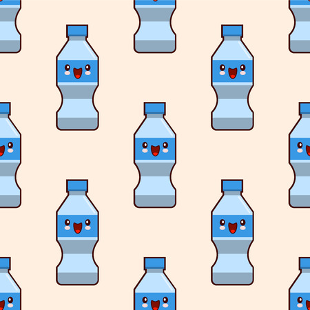 seamless plastic bottles pattern cute kawaii characters. . Flat design Vector Illustrationのイラスト素材