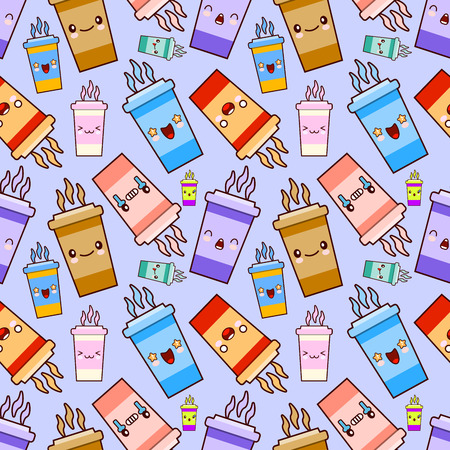 Flat design of coffee cute characters, smoothie strawberry, kiwi, cherry, chocolate, coffee, cranberries, grapes, transparent cup on purple background.のイラスト素材
