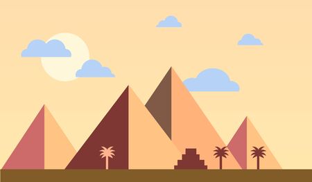 Egypt pyramids with palms in desert flat design.のイラスト素材