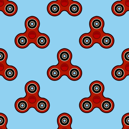 Red hand spinners, stress-relieving spinning toy, seamless pattern on blue background. Flat design Vector Illustrationのイラスト素材