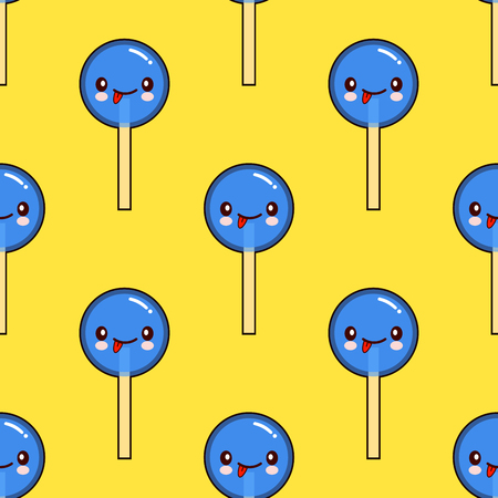 Candy seamless. Candy lollipop character with happy kawaii faces on yellow background. Flat design Vector Illustrationのイラスト素材