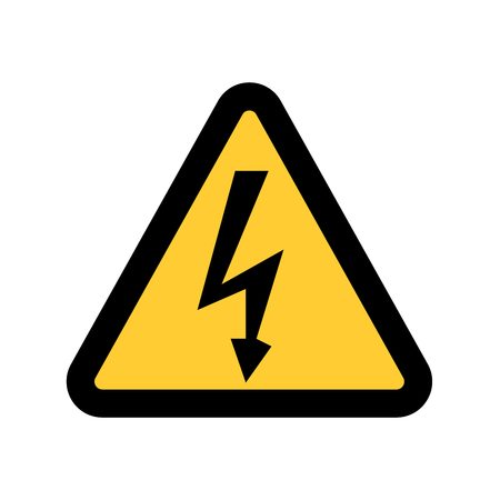 High Voltage Sign. Danger symbol. Black arrow isolated in yellow triangle on white background. Warning icon.  illustrationの写真素材