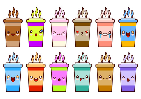 Coffee Cups icon set characters kawaii face emoticons Flat design  Illustrationの写真素材