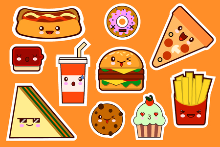 Fastfood fashion, cartoon kawaii stickers illustrations icon set. gamburger, pizza, sandwich, cake Flat designの写真素材