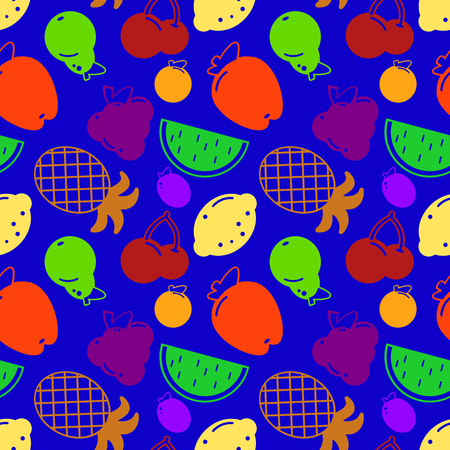 Flat fruits seamless pattern. Vector flat Illustrations of watermelon, banana, cherry, apple, strawberries,orange, kiwi fruit, pear for web, print and textile EPSのイラスト素材