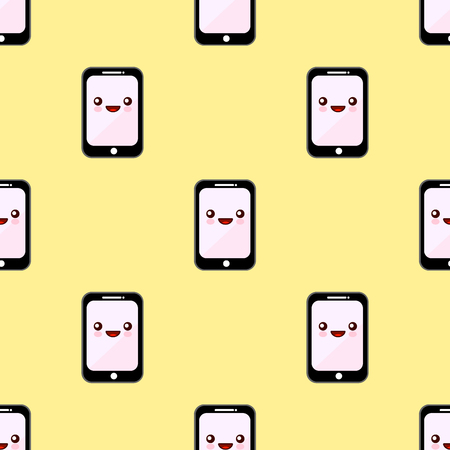 Seamless pattern smartphone cartoon characters funny faces. Kawaii cheerful mobiles Flat design Vector Illustration EPSのイラスト素材