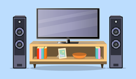 Design TV zone in a flat style. Interior living room with furniture, tv set and shelf. Vector illustration. EPSのイラスト素材