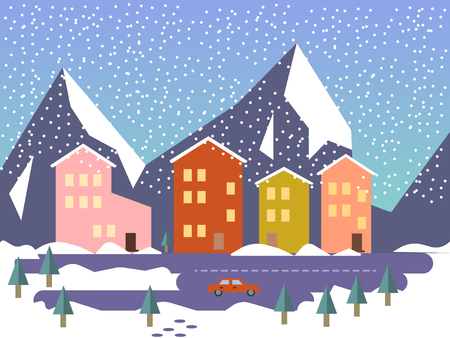 Winter Urban Landscape with Buildings, Street and Cars with Presents. Flat Design Style.  illusrationの写真素材
