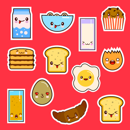 Breakfast Food Set Cute faces emotion.  illustrationの写真素材