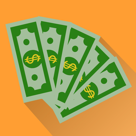 Cash, Green Dollars Icon isolated on orange background. Money  Illustrationの写真素材