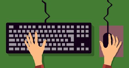 flat keyboard and hand. typing on keyboard and mouse.  illustrationの写真素材