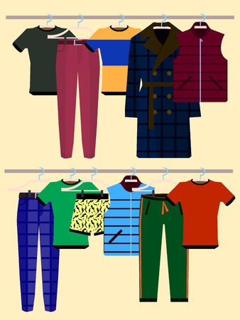 Clothes Racks with Wear on Hangers Set. Flat Design Style. Vector illustration of man wears EPSのイラスト素材