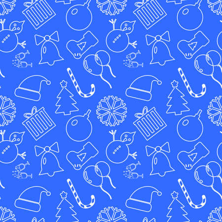 Christmas blue background hand drawn Seamless pattern. white outlines. Flat design,  illustration,の写真素材