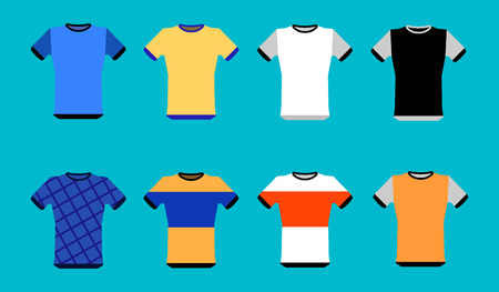 Types of jerseys set. simple icons of main jerseys . Yellow, red, blue, white pullovers isolated on blue background. Flat design  Illustrationの写真素材