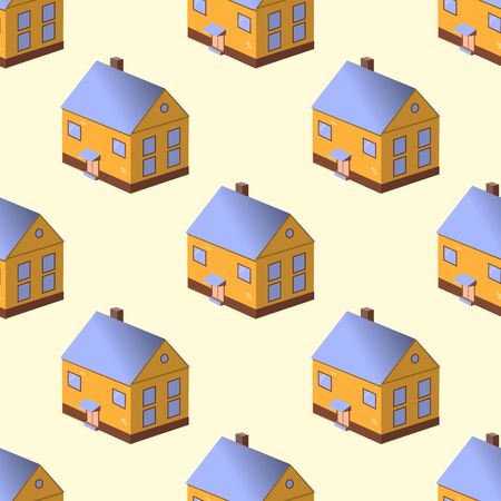 Seamless pattern with colorful houses on yellow backgrounds. Flat design, vector illustration,のイラスト素材