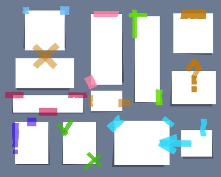 Paper torn page notes. Blank notepad pages with adhesive tape pieces vector illustration. Paper glued to wall with tapeの写真素材