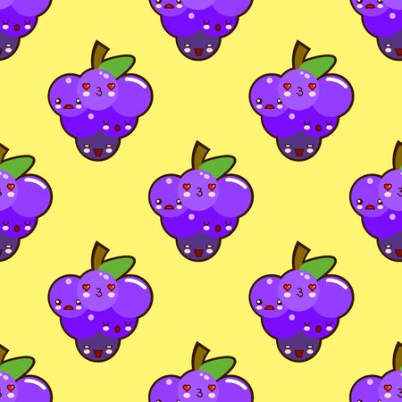 Bunch of purple grapes seamless pattern with a happy laughing face on yellow background. for wallpaper and textile, vector illustration EPSのイラスト素材