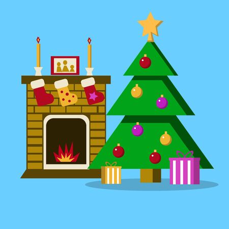 Living room with Christmas tree, fireplace. Vector flat illustration EPSのイラスト素材