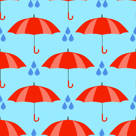 Red umbrellas seamless pattern isolated on blue background. Cute cartoon rain.の写真素材