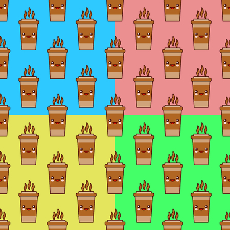 Seamless pattern set with coffee cup cute kawaii characters on colors backgrounds.の写真素材