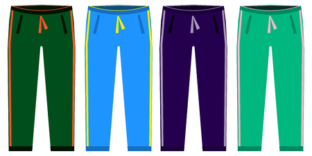 Types of Sweatpants set. simple icons of sprt pants . Green, red, blue, purple isolated on white background. Flat design  Illustrationの写真素材