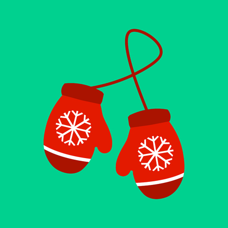 illustration pair of knitted christmas mittens on green background. Mitten icon. Christmas greeting card with mittensの写真素材