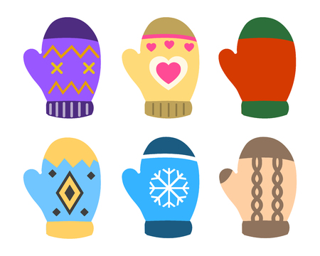 Collection of color mittens with bright geometric ornament.の写真素材