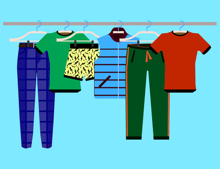 Clothes Racks with Wear on Hangers Set.  isolated illustration on blue background Flat designの写真素材