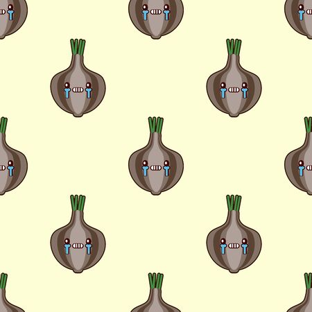 Seamless pattern with cute cartoon onion on yellow background. Vector vegetable emoticon. Flat design illustration EPS10.のイラスト素材