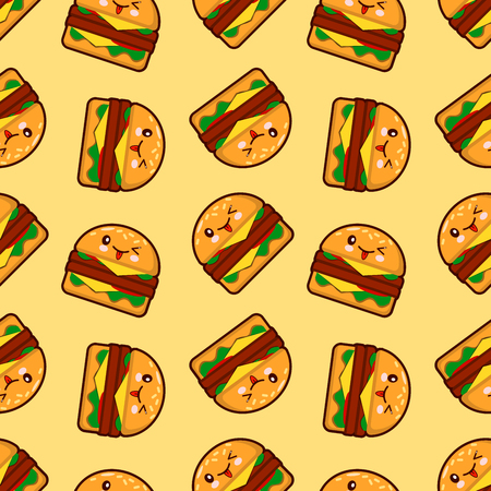 Burger, seamless pattern with cute fast food characters on yellow background. Flat design Vector Illustration hamburger kawaiiのイラスト素材