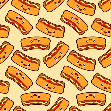 Seamless pattern with Hot dog cute fast food kawaii characters on yellow background. Flat design Vector Illustration EPSのイラスト素材