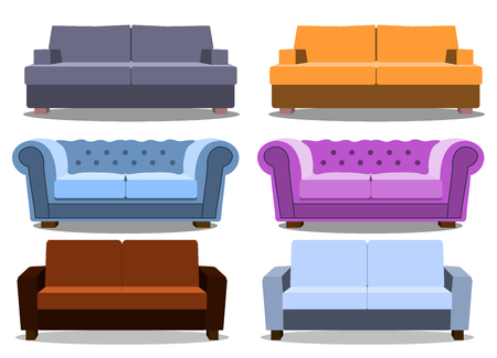 Sofa and couches colorful realistic set. Collection of comfortable lounge for interior design isolated on white background.の写真素材