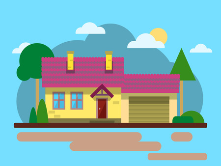 House with cloud, tree, road. Flat Design Urban Landscape.  Abstract Architecture Illustrationの写真素材