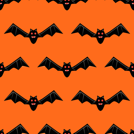 Seamless pattern with bats.  bats isolated on orange background. Silhouette of flying bat. Pattern for Hallowmas or Halloween. Mood of magic and sorcery.の写真素材