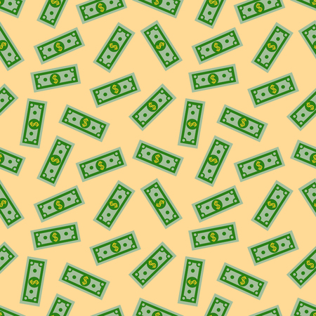 Seamless Pattern with American Money Dollars Bank Notes on yellow background. Dollar bill. Flat design  Illustrationの写真素材