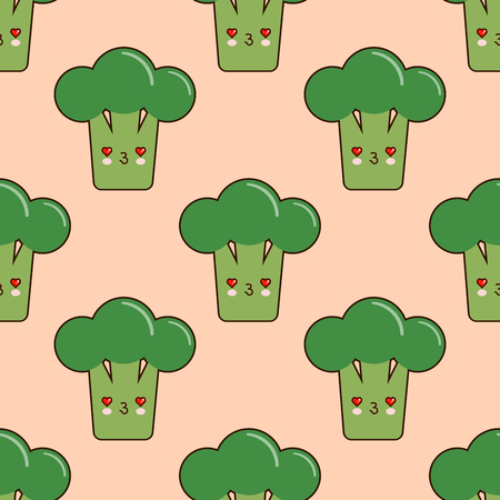 seamless pattern with cute cartoon broccoli on pink background.  vegetable emoticon.  broccoli with smiley face.  illustration.の写真素材