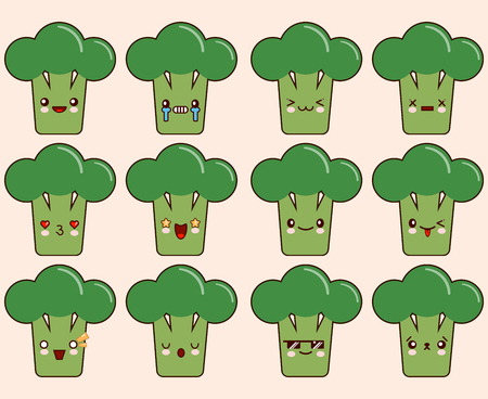 Set of kawaii broccoli emoticons. Isolated on light pink background.の写真素材