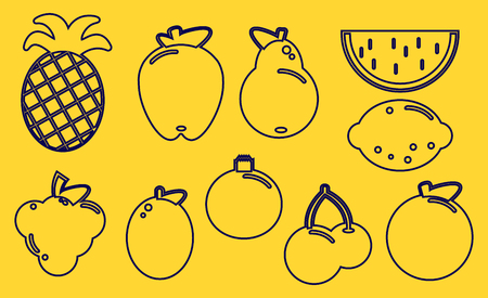 Collection of Fruit Outline Icons on yellow background Flat design  Illustrationの写真素材
