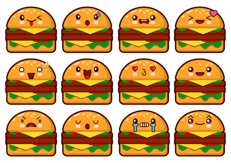 Emoticon hamburger kawaii face on a white background. c Emoticon  illustration.Fast food burger.の写真素材