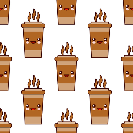 Seamless pattern with coffee cup cute kawaii characters on white background. Flat design  Illustrationの写真素材
