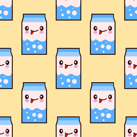 Milk smiley kawaii cartoon character seamless pattern on yellow background. Flat design Illustrationの写真素材