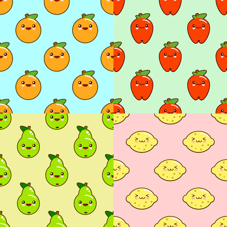 kawaii fruits pattern set on color background. Orange, pears, lemon, apple. Flat design  Illustrationの写真素材