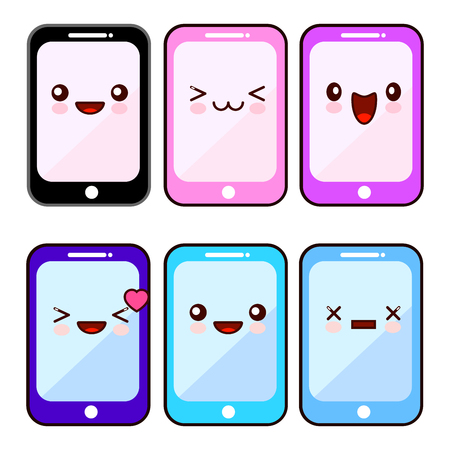 Happy smartphone cartoon character kawaii set. Mobile cell phone with happy face, device phone for communication. Flat design  Illustrationの写真素材