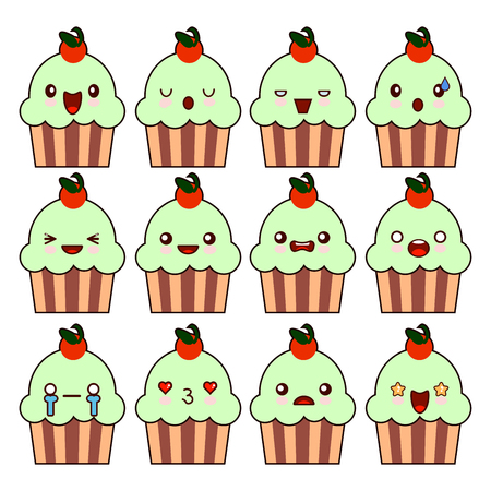 Cup cake kawaii character cartoon cute face. Happy smartphone cartoon character Flat design Illustrationの写真素材