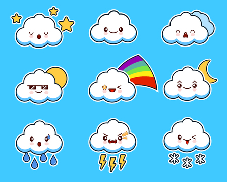 Cartoon cute cloud kawaii character with different facial expressions, emotions. Set, collection of emoji on blue background. Flat design illustration EPS10の写真素材