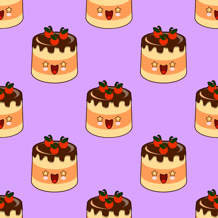 Seamless pattern of smiling kawaii style cake on a pink background Flat design illustration EPS10の写真素材