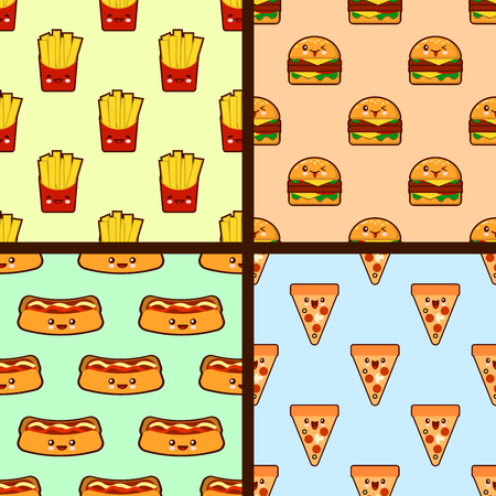 set of fast food seamless patterns kawaii characters. Flat design  Illustrationの写真素材