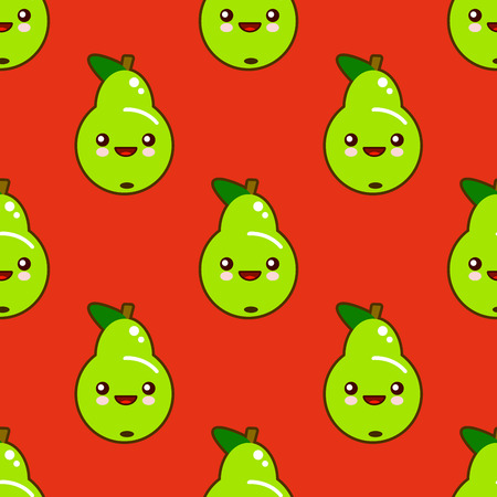 Cute seamless pattern with smiley kawaii green pears in cartoon style. Cute and funny texture for kids. Flat design  Illustrationの写真素材