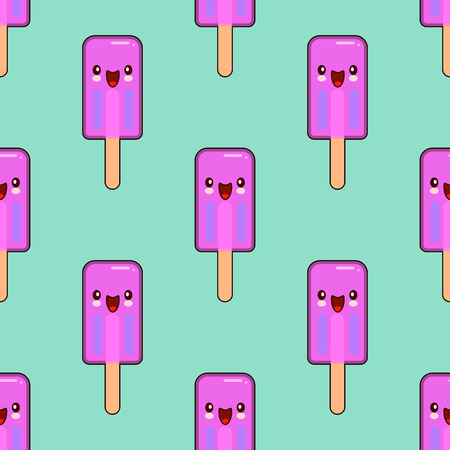 Ice cream smiley kawaii cartoon character seamless pattern on green background. Flat design  Illustrationの写真素材