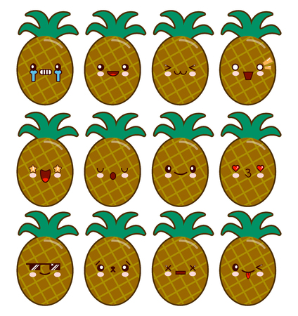 Pineapple cartoon character set with emotions on the kawaii face Flat design  Illustrationの写真素材